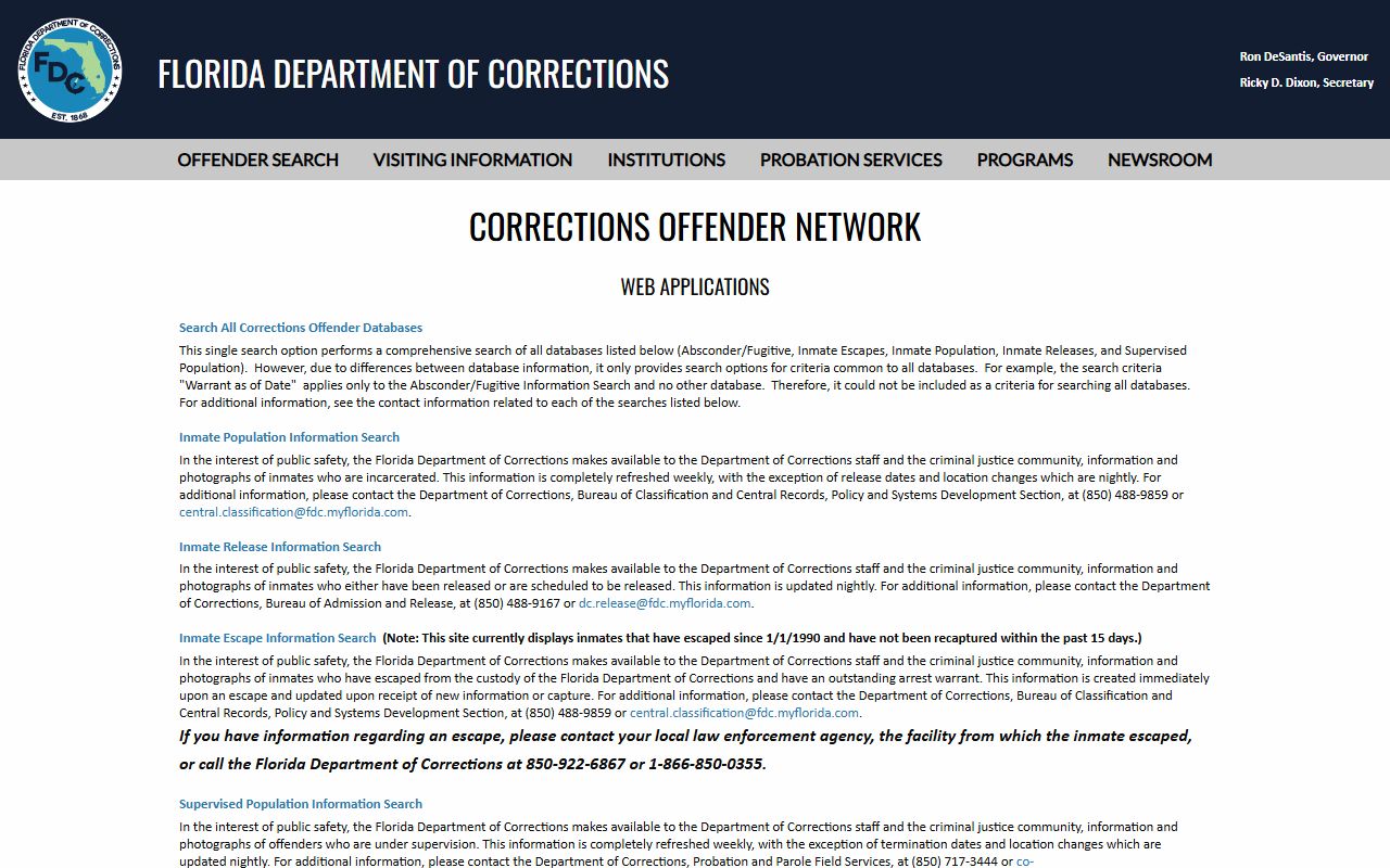 Florida Department of Corrections offender search portal for jail mugshots