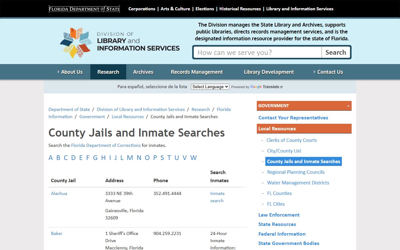 Florida Department of State county jail directory for inmate searches